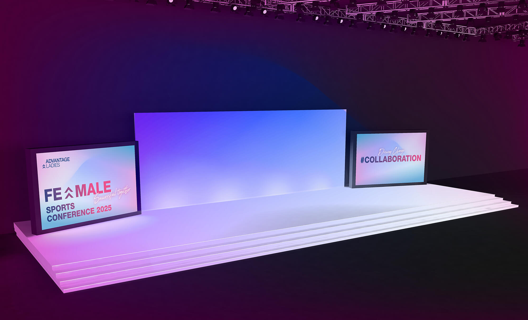 3D-Grafik der Bühne der Advantage-Ladies-Sympsiums im Rahmen der Upper Austria Ladies Linz