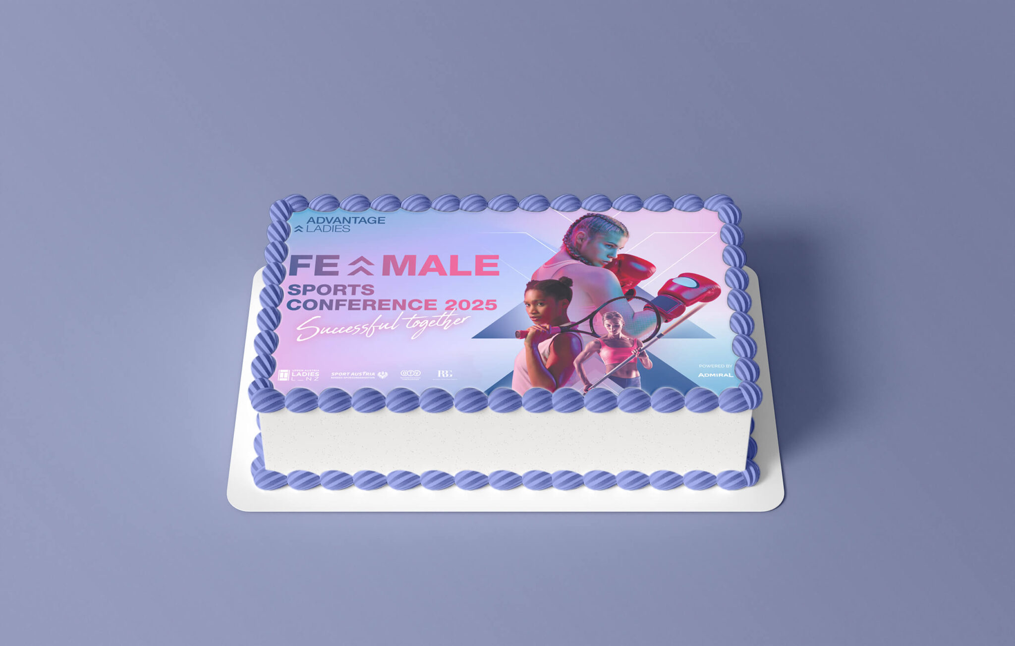 Mockup einer Torte mit Keyvisual der Female Sports Conference 2025 im Rahmen der Upper Austria Ladies Linz