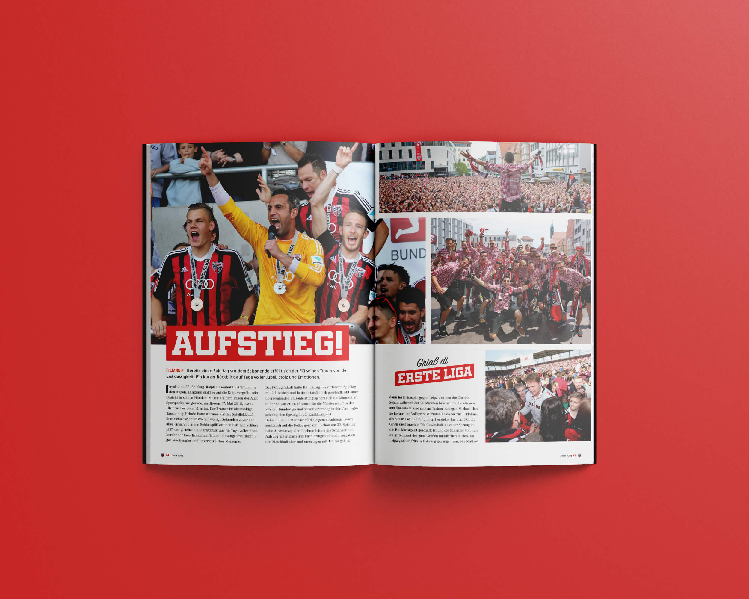 Innenseiten mit Bildern und Geschichten der Aufsteigsfeier aus dem Buch "Unser Weg" zum Aufstieg in die 1. Fußball-Bundesliga des FC Ingolstadt 04
