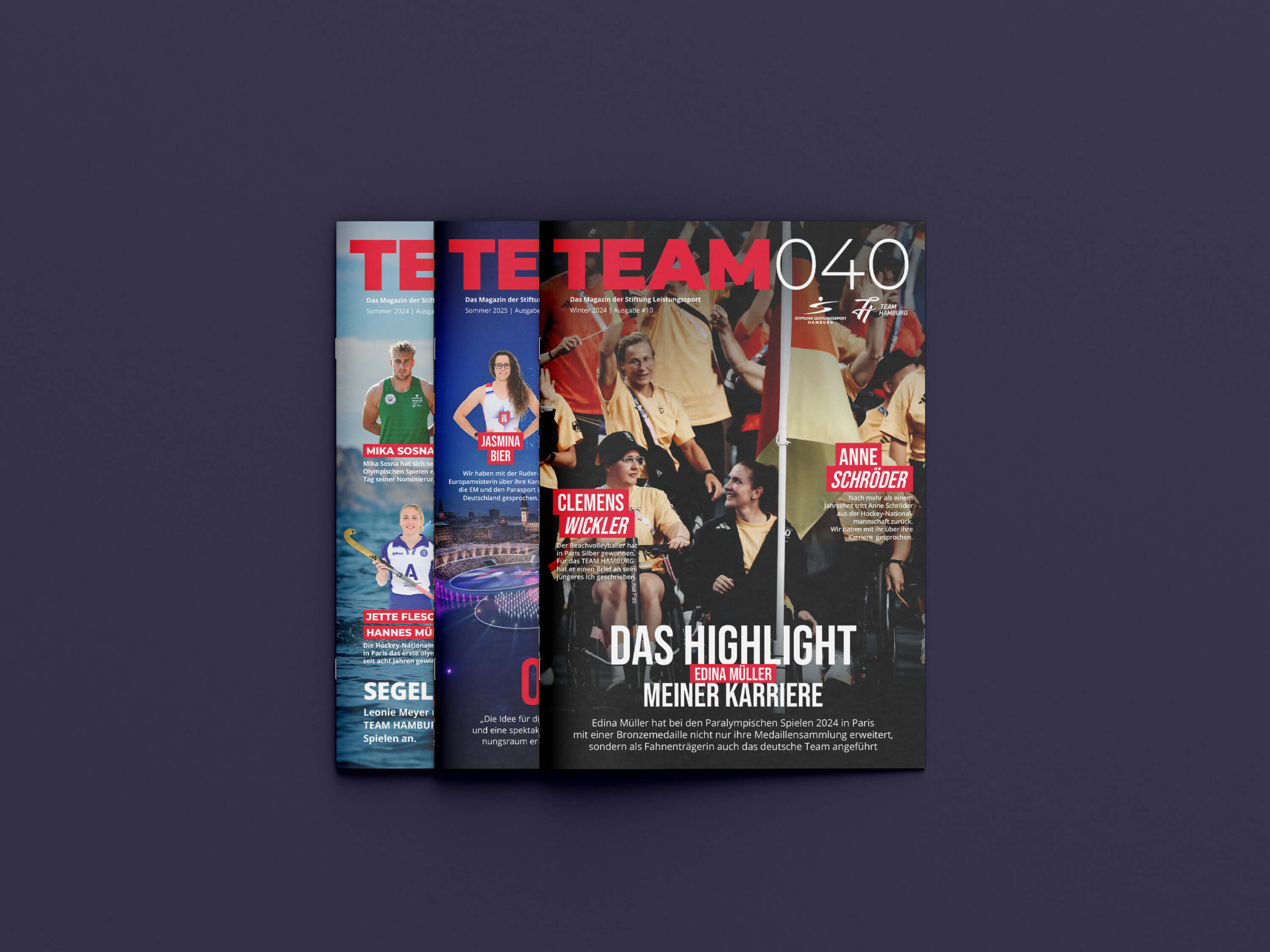 Mock-Up von drei Titeln des Team 040 Magazins der Stiftung Leistungssport