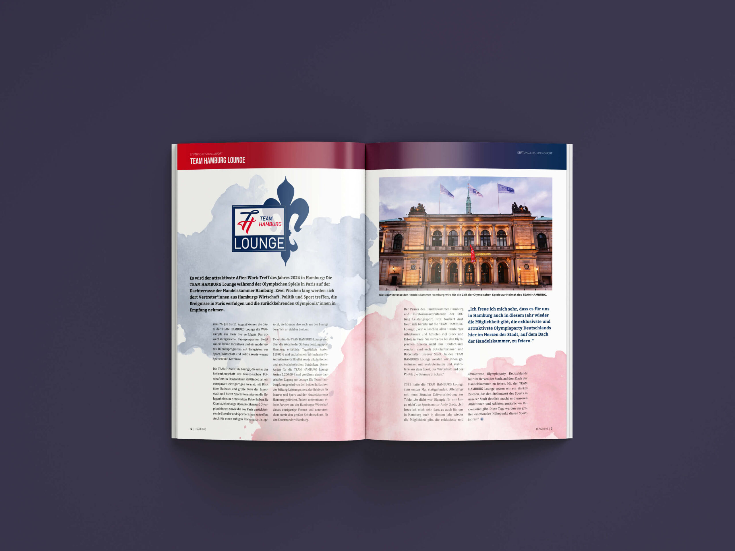 Innenseiten-Mock-Up einer Team-Hamburg-Lounge-Geschichte im Team 040 Magazins der Stiftung Leistungssport