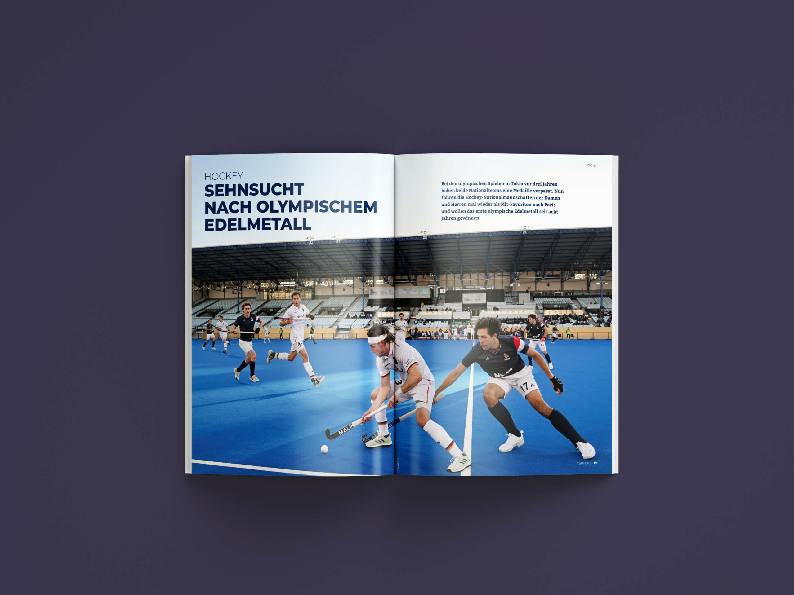 Innenseiten-Mock-Up einer Hockey-Geschichte im Team 040 Magazins der Stiftung Leistungssport