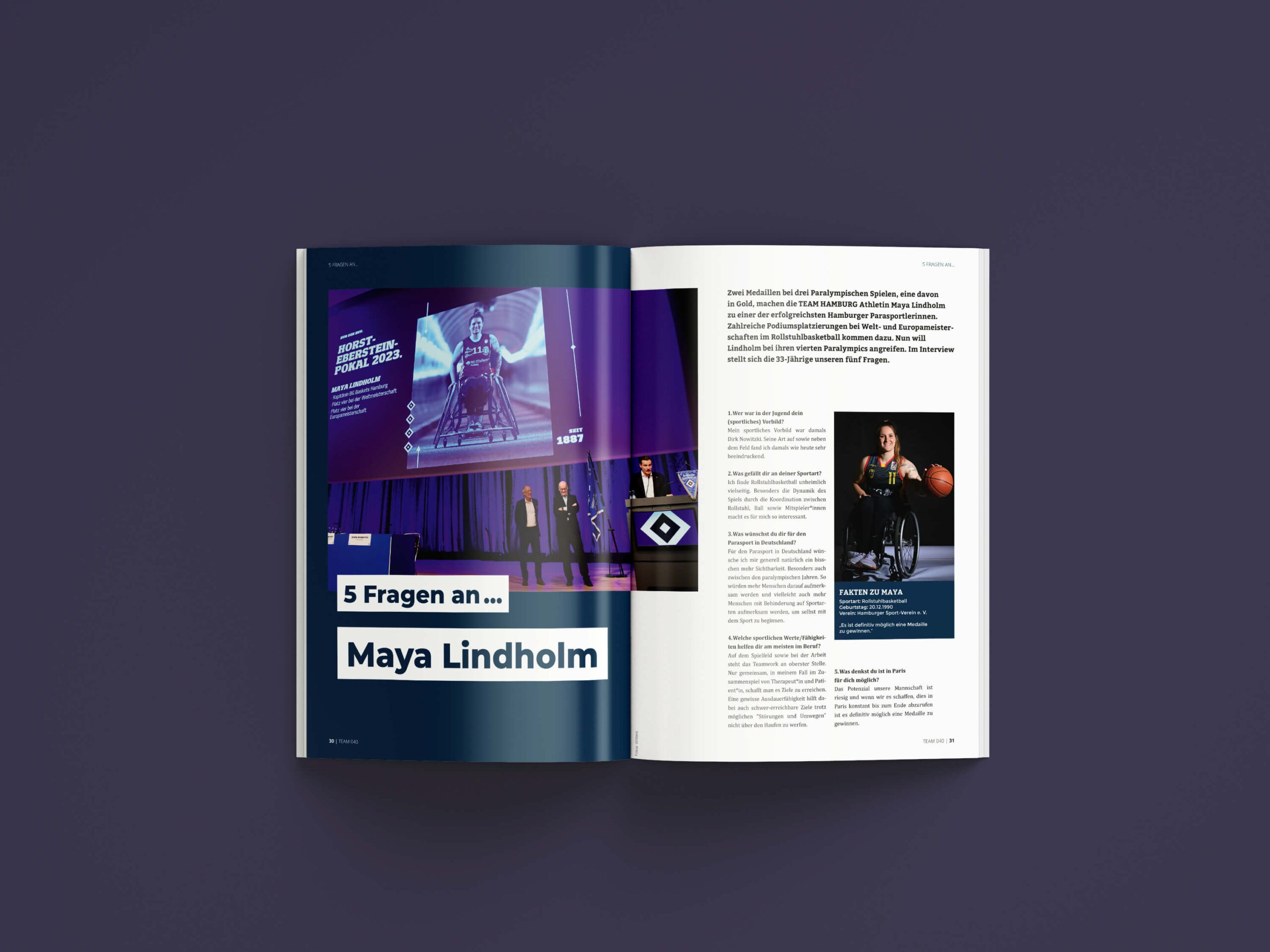 Innenseiten-Mock-Up von den "5 Fragen an Laya Lindholm" des Team 040 Magazins der Stiftung Leistungssport