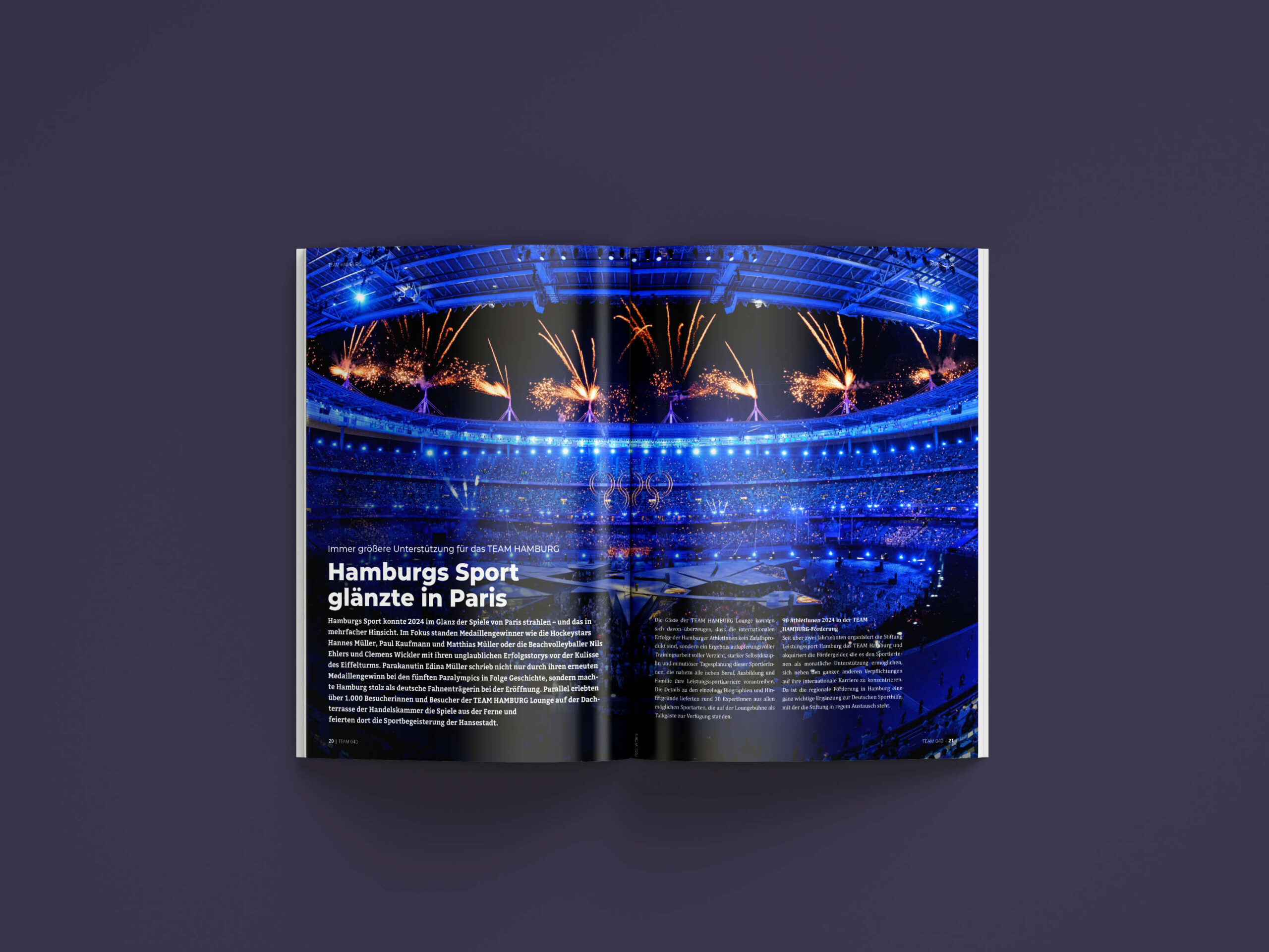 Innenseiten-Mock-Up einer Olympia-Story der TEAM HAMBURG Athleten im Team 040 Magazins der Stiftung Leistungssport
