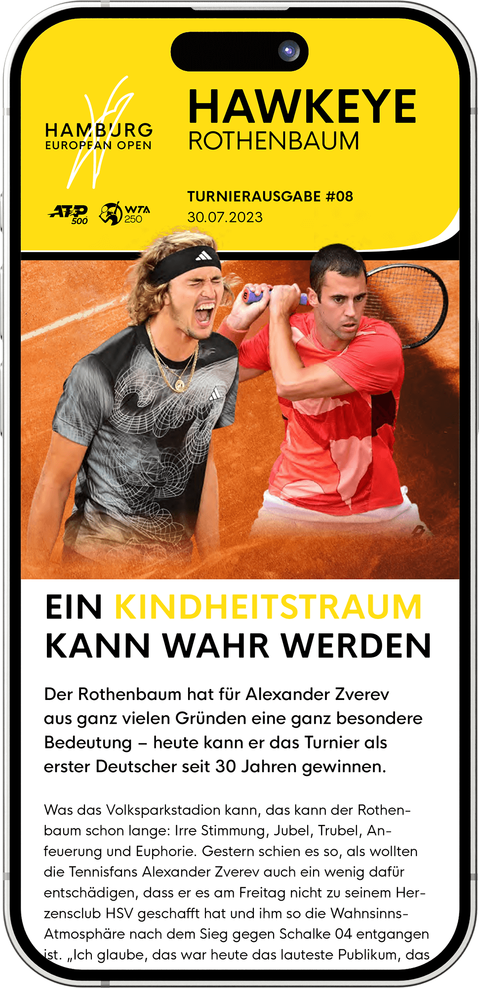 Titelseite der Smartphone Version des Turniermagazins "Hawk Eye" der Hamburg European Open