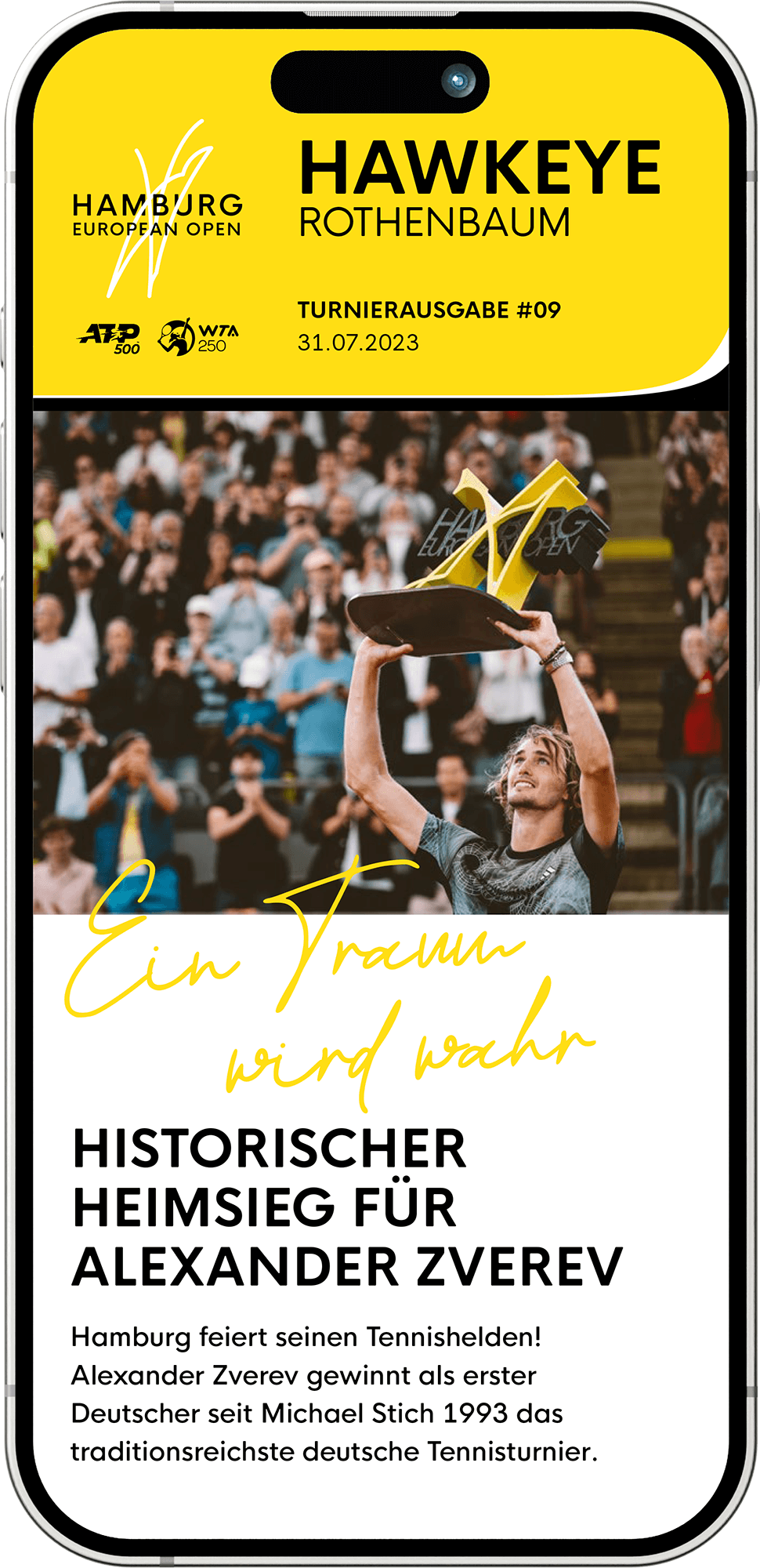 Titelseite der Smartphone Version des Turniermagazins "Hawk Eye" der Hamburg European Open